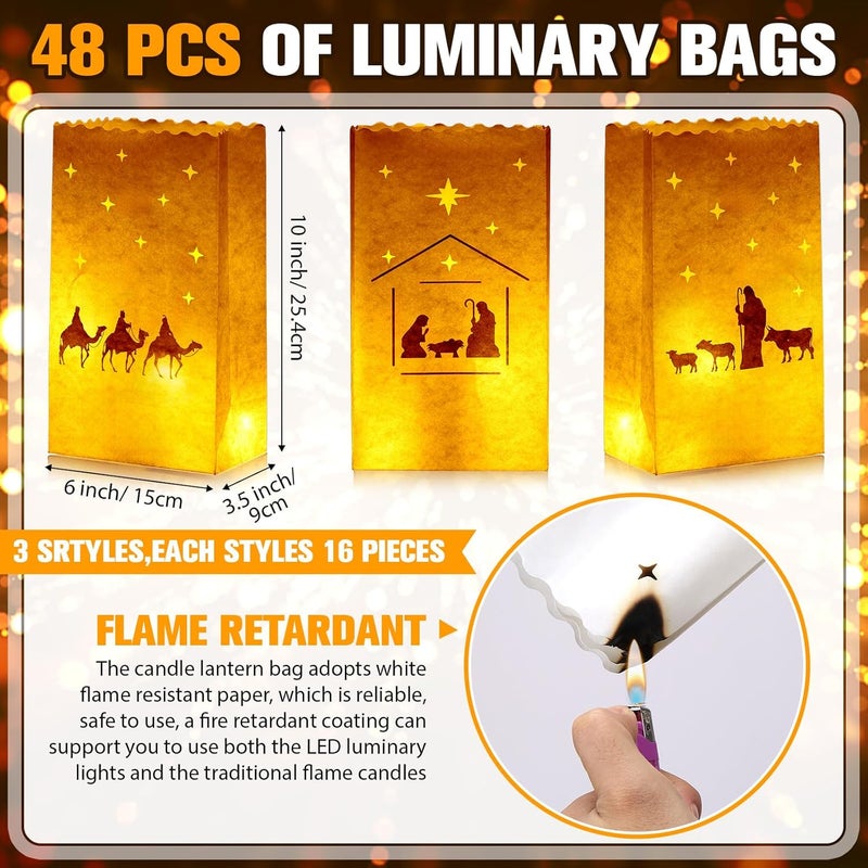 ForraFun 48 Pcs Christmas Nativity Luminary Bags Bulk Religious Christian Paper White Candle Lantern Bag 10 x 6 x 3.5Inch Fire Retardant Paper Jesus Luminaria Lantern for Christmas Winter Party Decor - Image 2